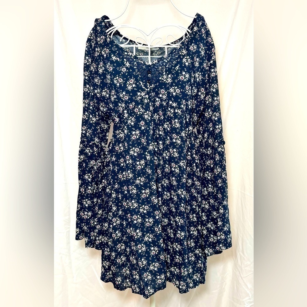 FRINGE Dress - Navy/Floral - Bell Sleeves - Size Small